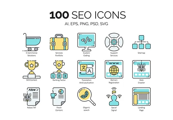 100 SEO Icons | Aqua Series