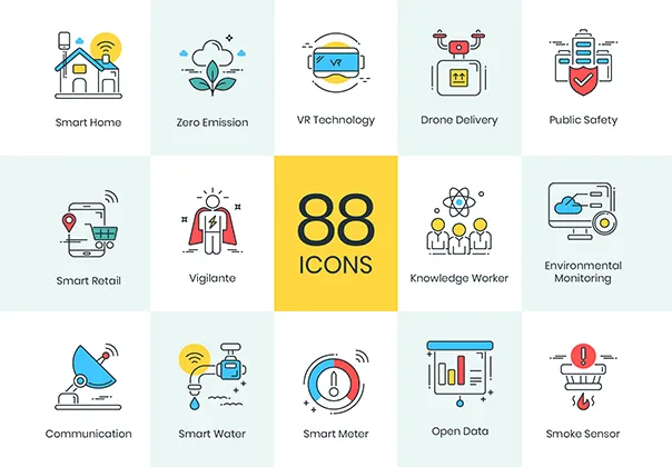 88 Smart Technology Icons including home, city, internet etc.