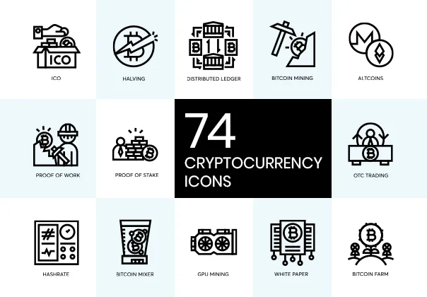 Bitcoin, Blockchain, & Cryptocurrency Concepts in Modern Line Icons Style