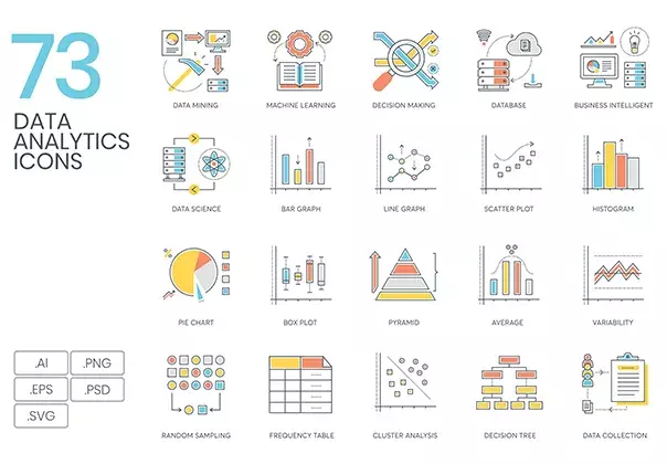 73 Data Analytics Icons | Color Line Series