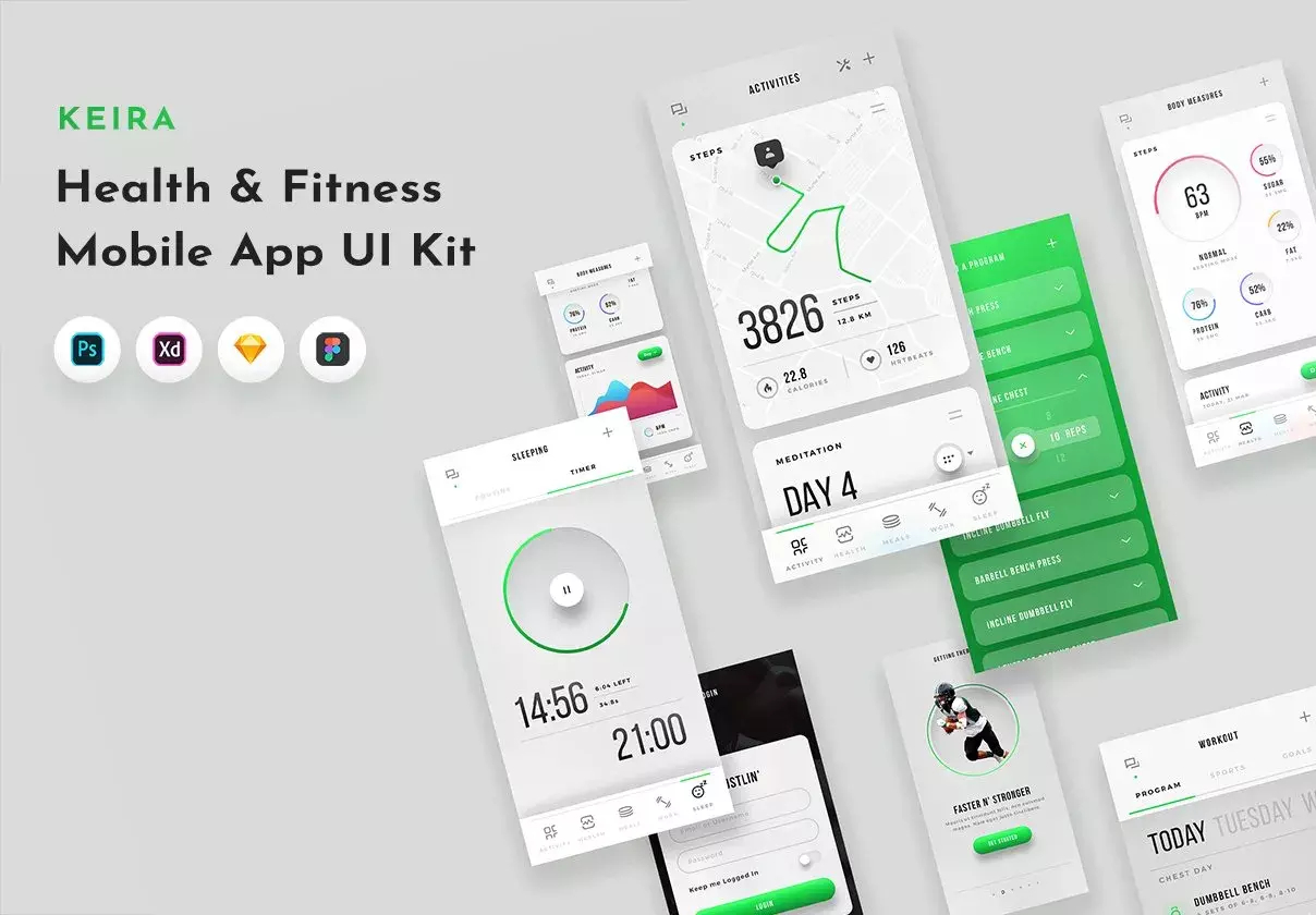 Energetic Fitness & Health Mobile App UI Kit - for Sketch, Photoshop, XD & Figma