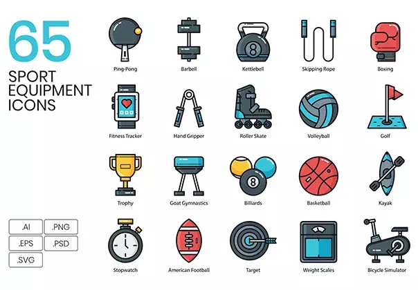 65 Sport Equipment Icons | Groovy Series