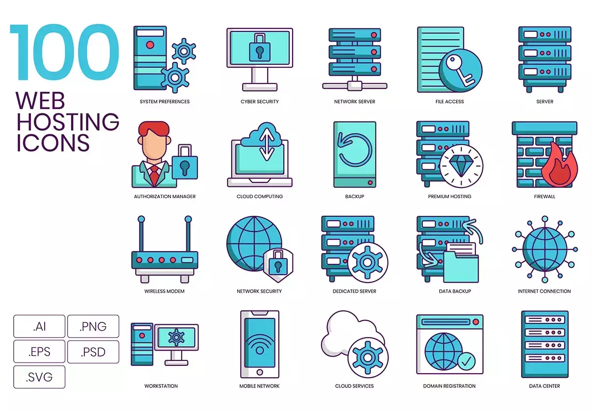 100 Web Hosting Icons | Turquoise Series