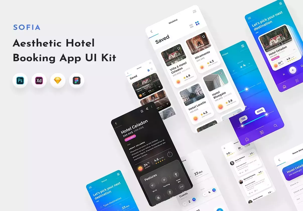 Aesthetic Hotel Booking & Travel Mobile App UI Kit - for Sketch, Photoshop, XD & Figma