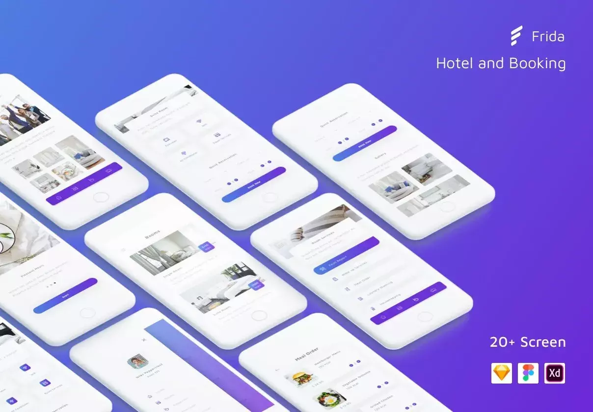 High quality hotel & booking app UI Kit designed for Sketch & Figma and Adobe XD.