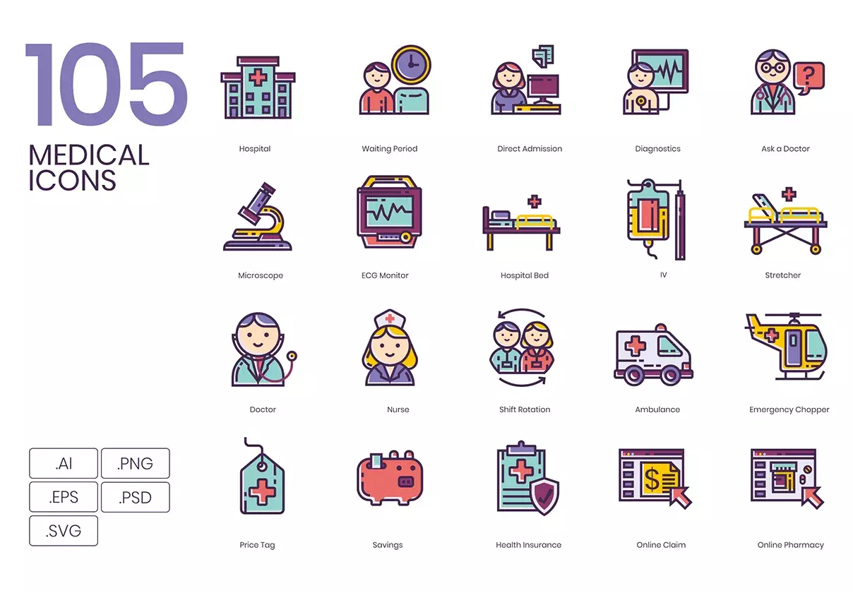 105 Medical Icons | Lilac Series