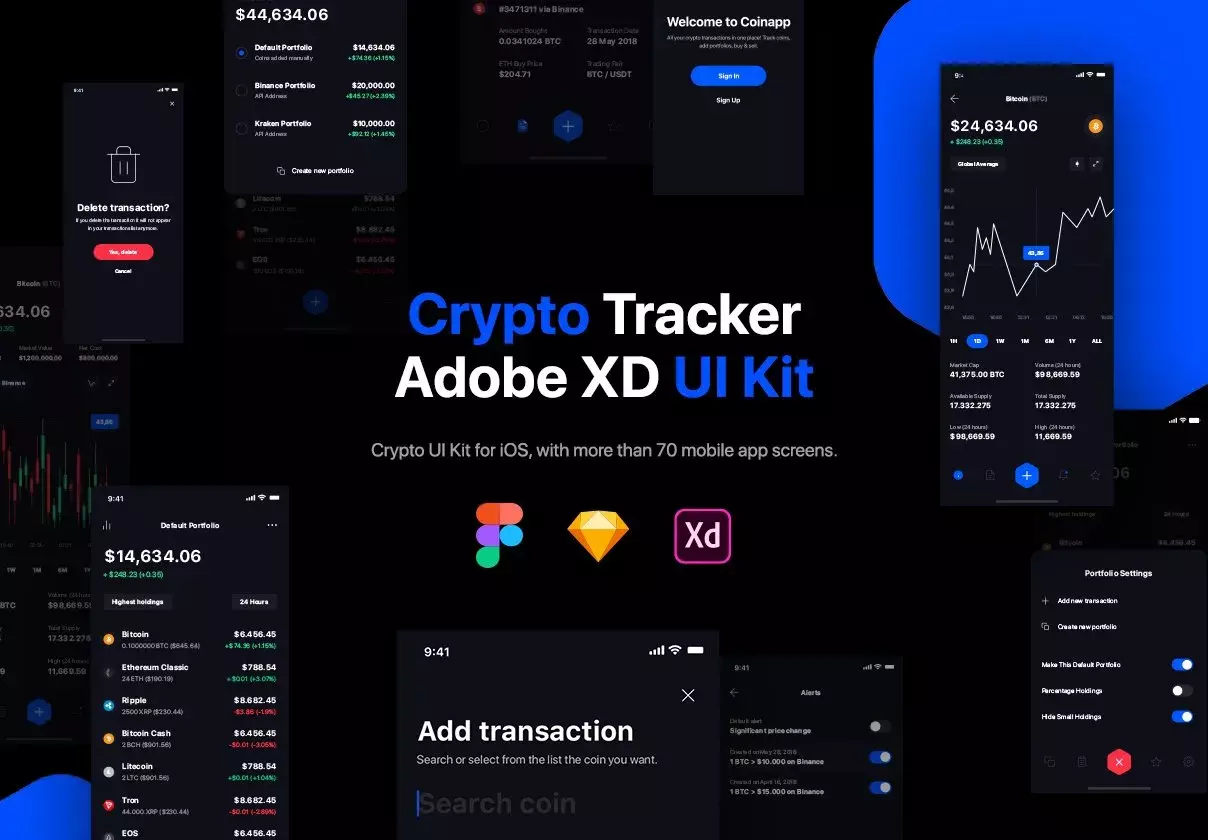 iOS Crypto portfolio tracker ui kit with Figma, Sketch & Adobe XD.