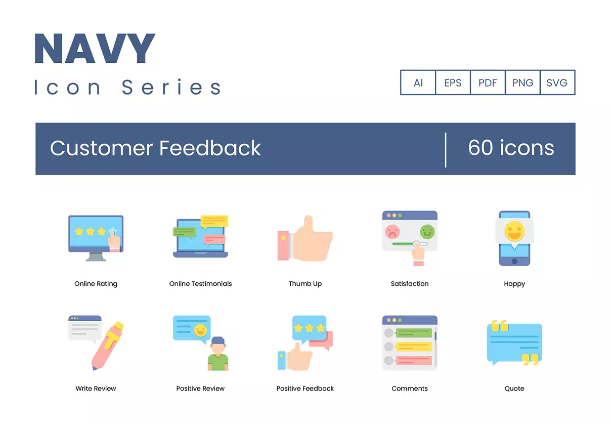 60 Customer Feedback Icons | Navy Series