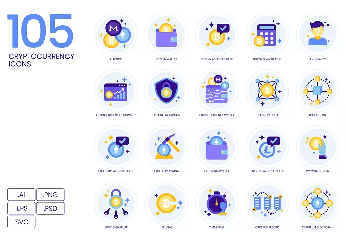 105 Cryptocurrency Icons | Lavender Series