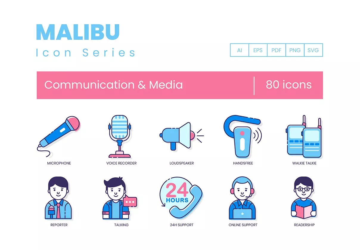 80 Communication & Media Icons  | Malibu Series