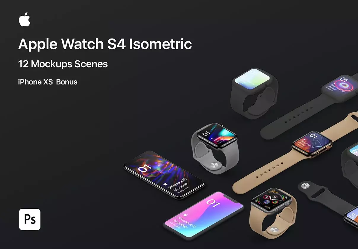 12 Apple Watch S4 2018 & iPhone XS Isometric Mockups for Photoshop.