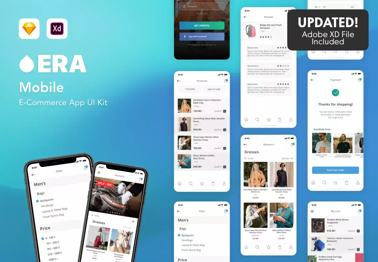 Mobile E Commerce App UI Kit for Sketch, Adobe XD.