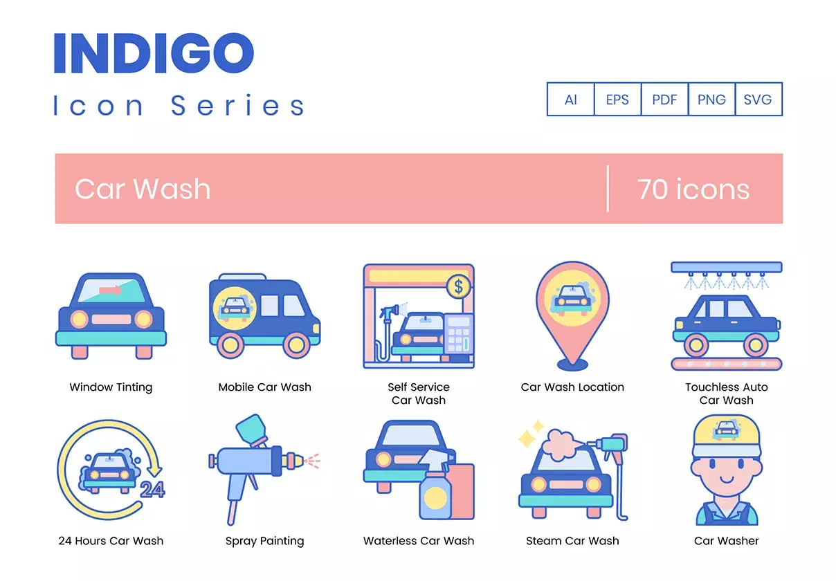 70 Car Wash Icons | Indigo Series