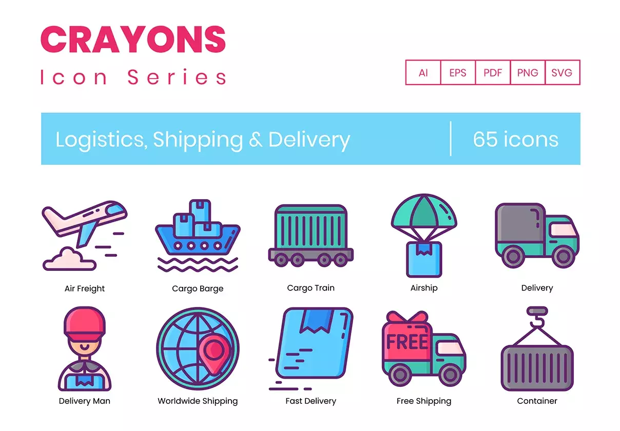 65 Logistics Icons | Crayons Series