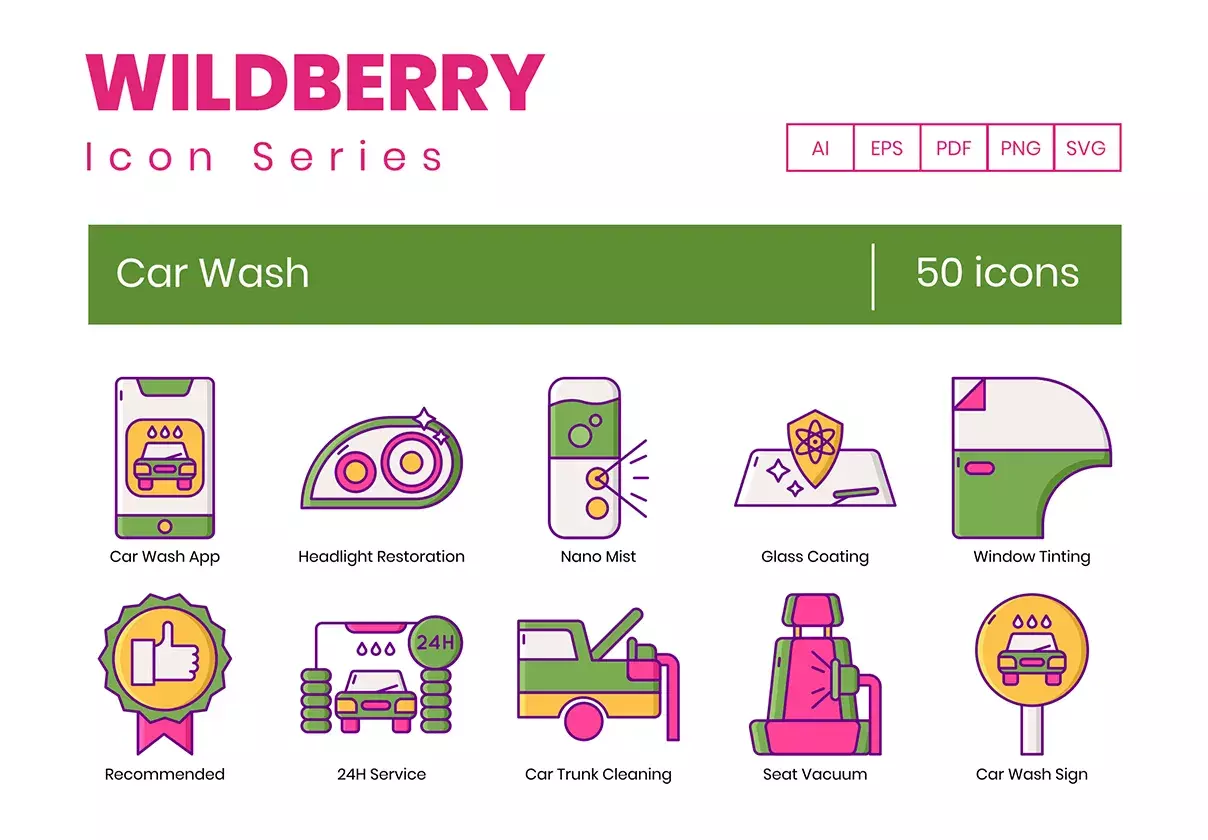 50 Car Wash Icons | Wildberry Series