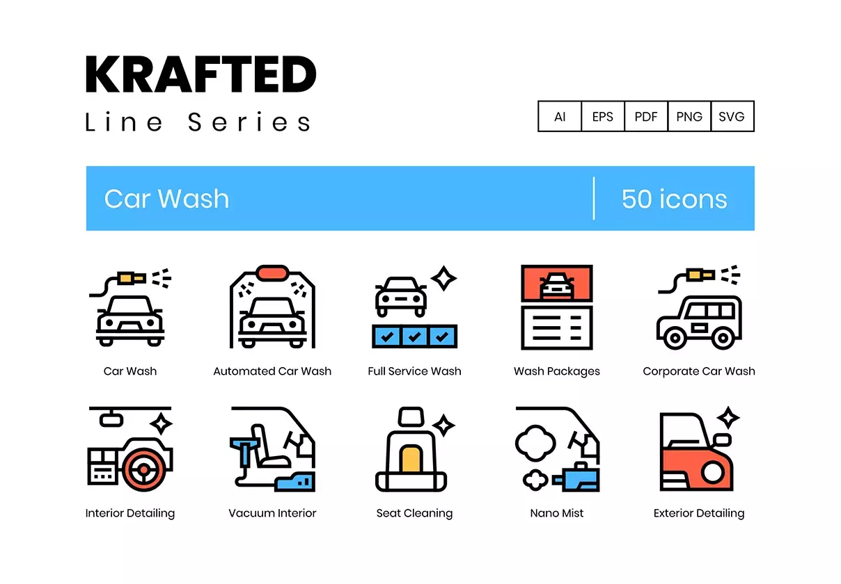 50 Car Wash Icons | Krafted Series