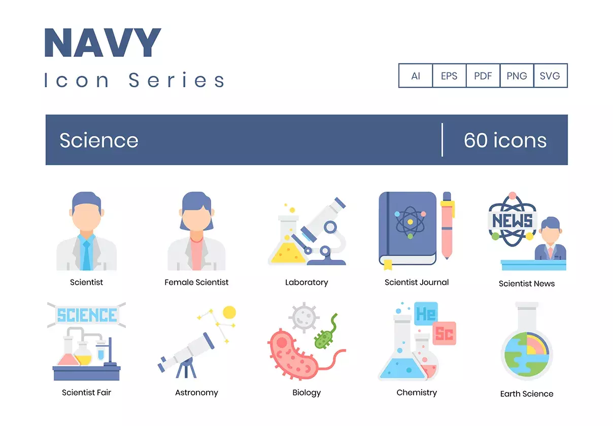 60 Science Icons | Navy Series