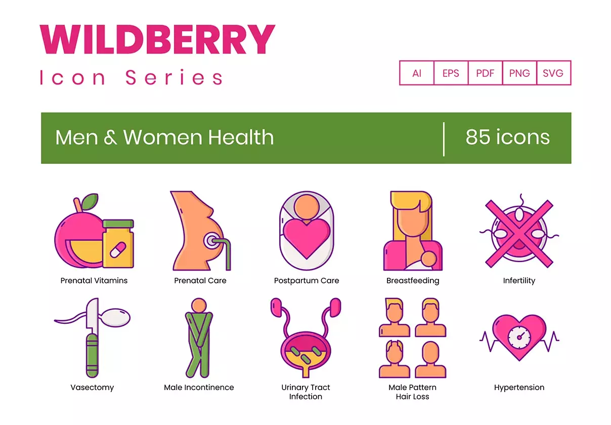 85 Men & Women Health Icons | Wildberry Series