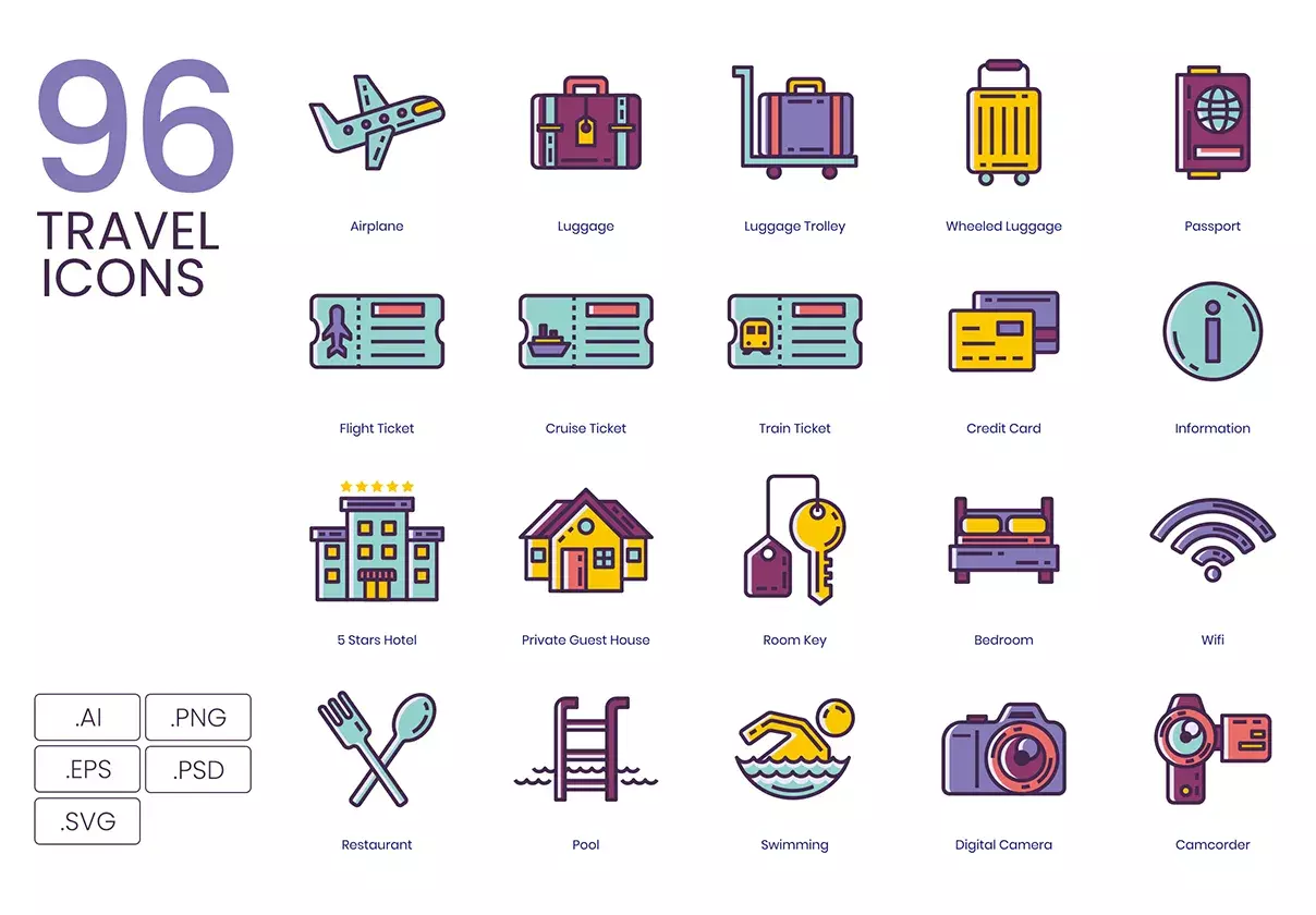 96 Travel Icons | Lilac Series