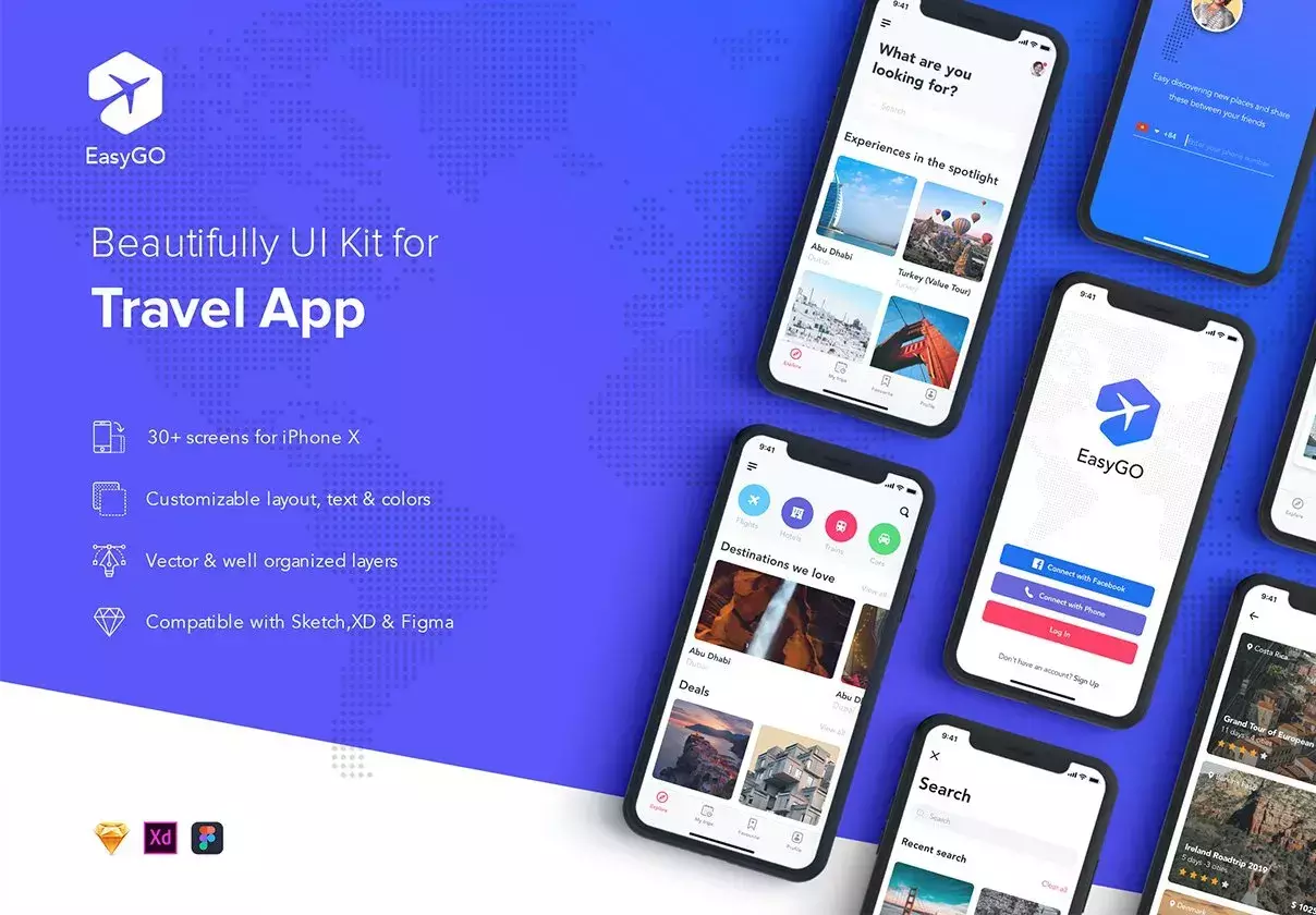 EasyGo - Travel App UI Kit for Iphone X