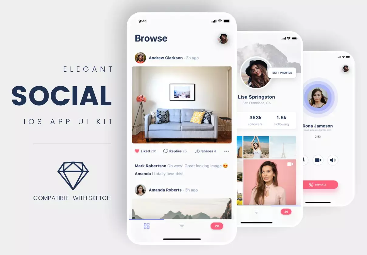 Social iOS App UI Kit made for Sketch