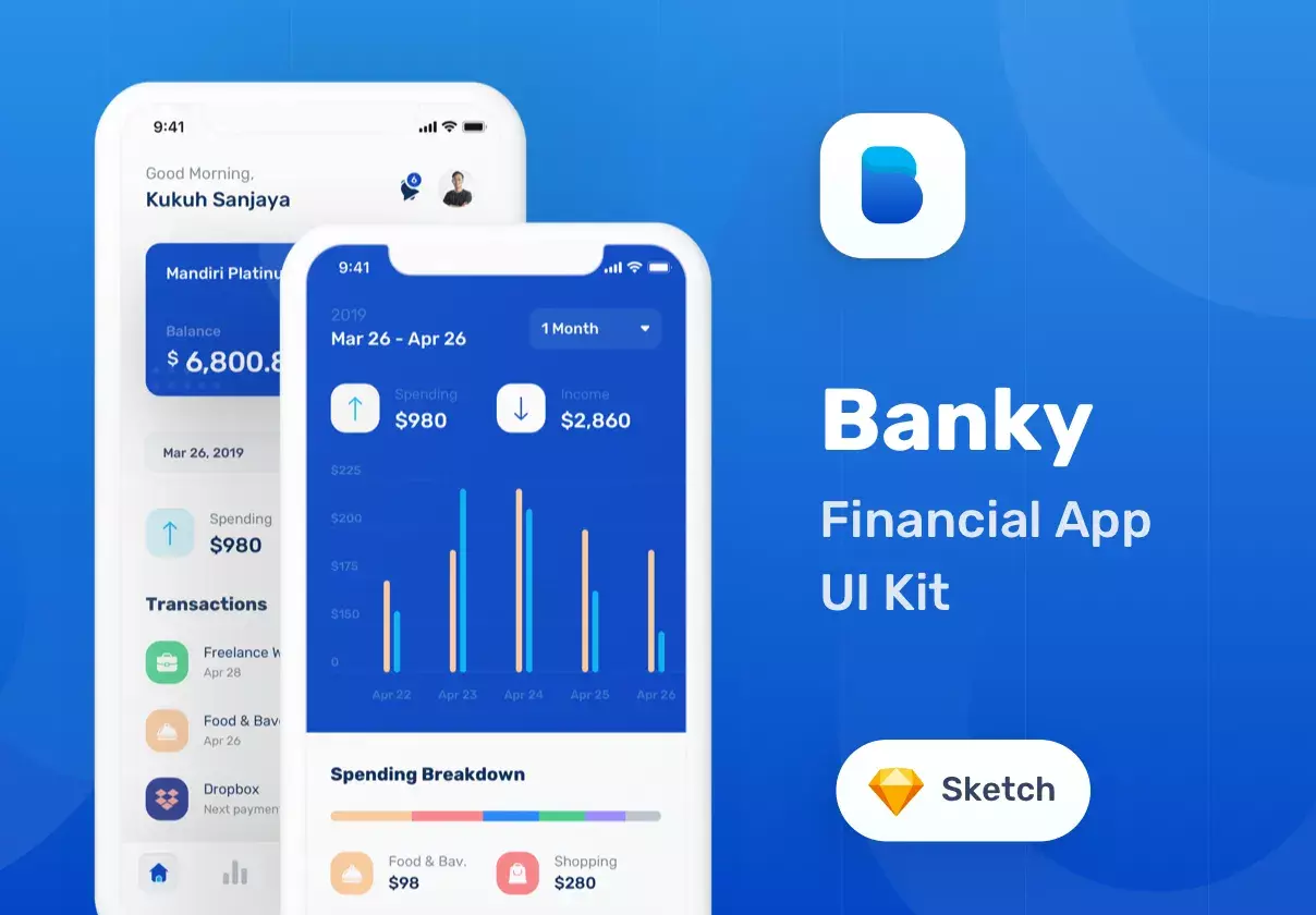 27 screen designs and 50+ symbols that will help you create a prototype for the banking application