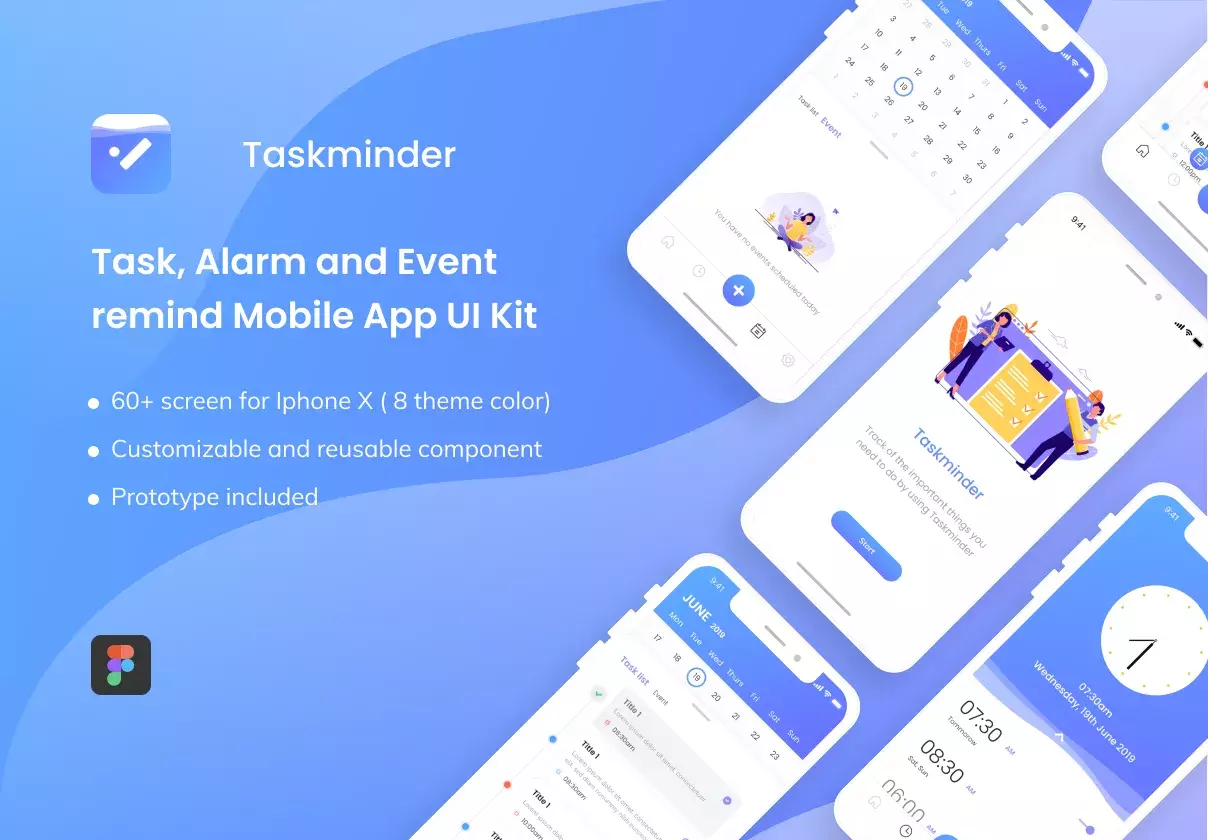 Taskminder - Task, Alarm and Event remind Mobile App UI Kit