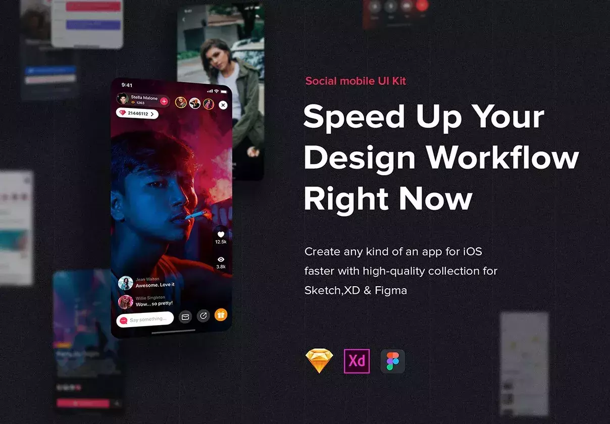 Social Mobile UI Kit designed in Sketch, XD & FIGMA