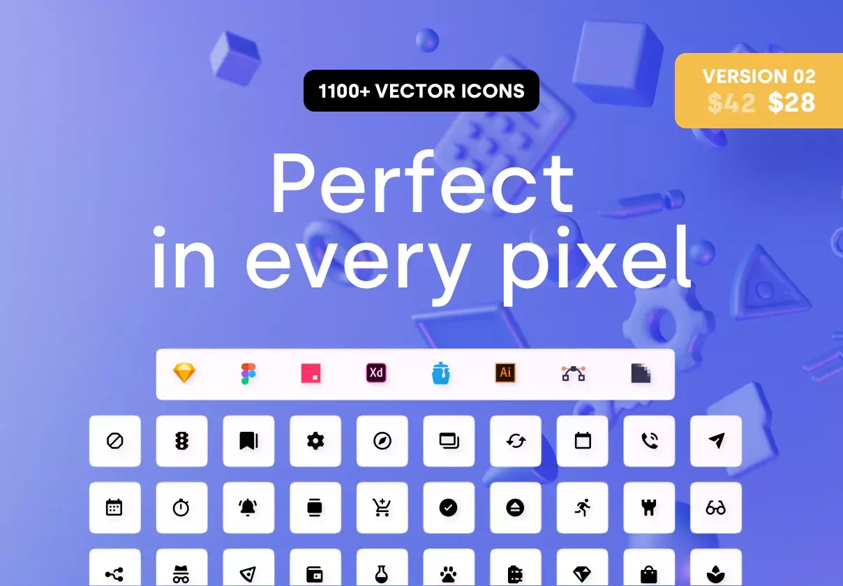 1100+ pixel perfect icons, 23 categories, 10 most popular formats, ligatures supported