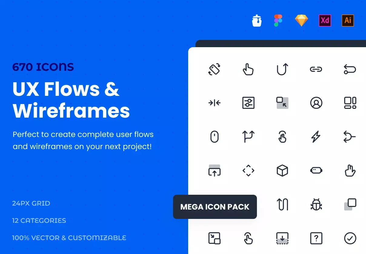 670 UX Flows & Wireframes icons for Sketch, Figma Illustrator and Adobe XD