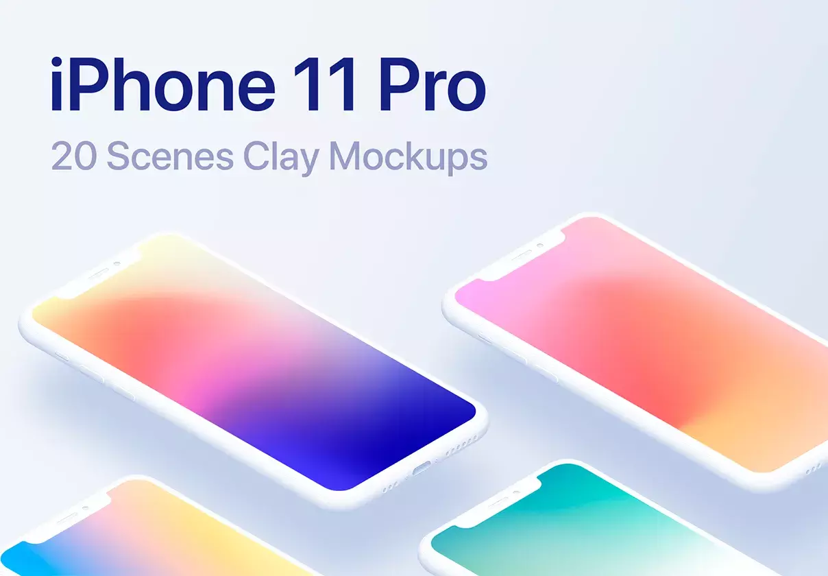 Complete Collection of 20 iPhone 11 Pro Clay Mockups for Photoshop.