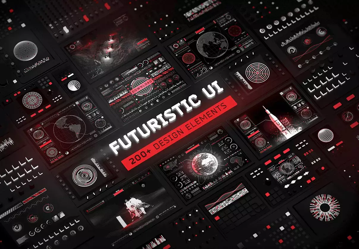 Over 200 Futuristic UI design elements and detailed HUD shapes for your design.