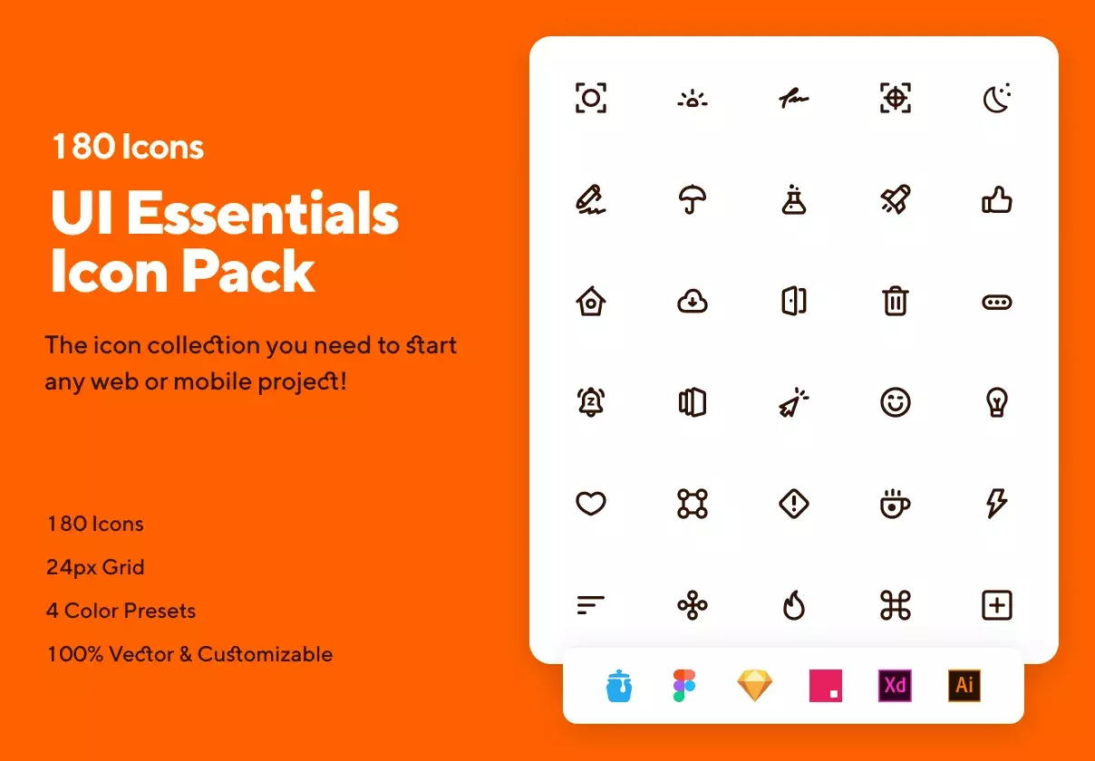 180 icons perfect to start any project. For Sketch, Figma Illustrator and Adobe XD, Invision & IconJar