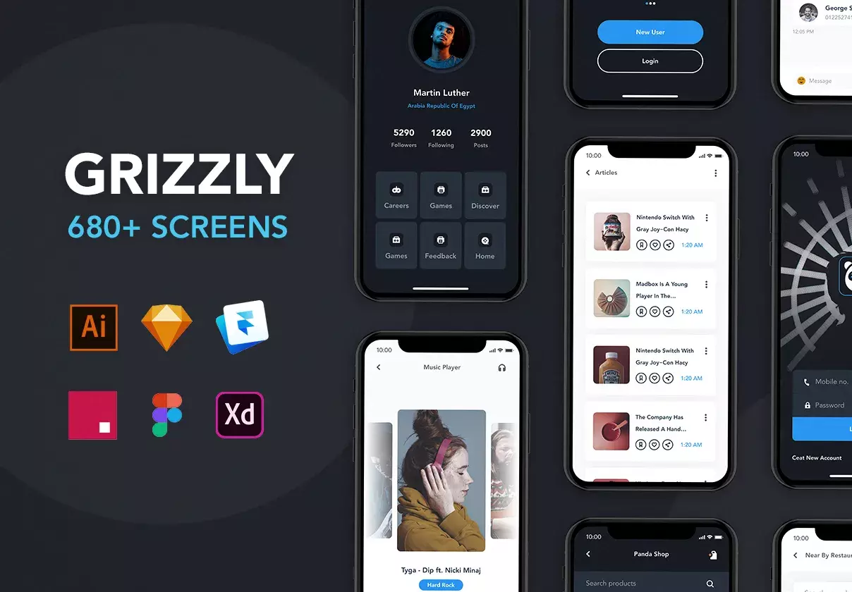 Grizzly | Mobile App Ui KIt for Sketch, Illustrator, XD, Studio, Framer and Figma