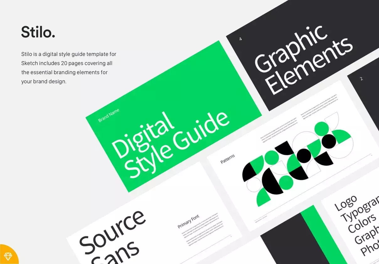 20 screens with sections on logos, typography, colors, photography, and more.