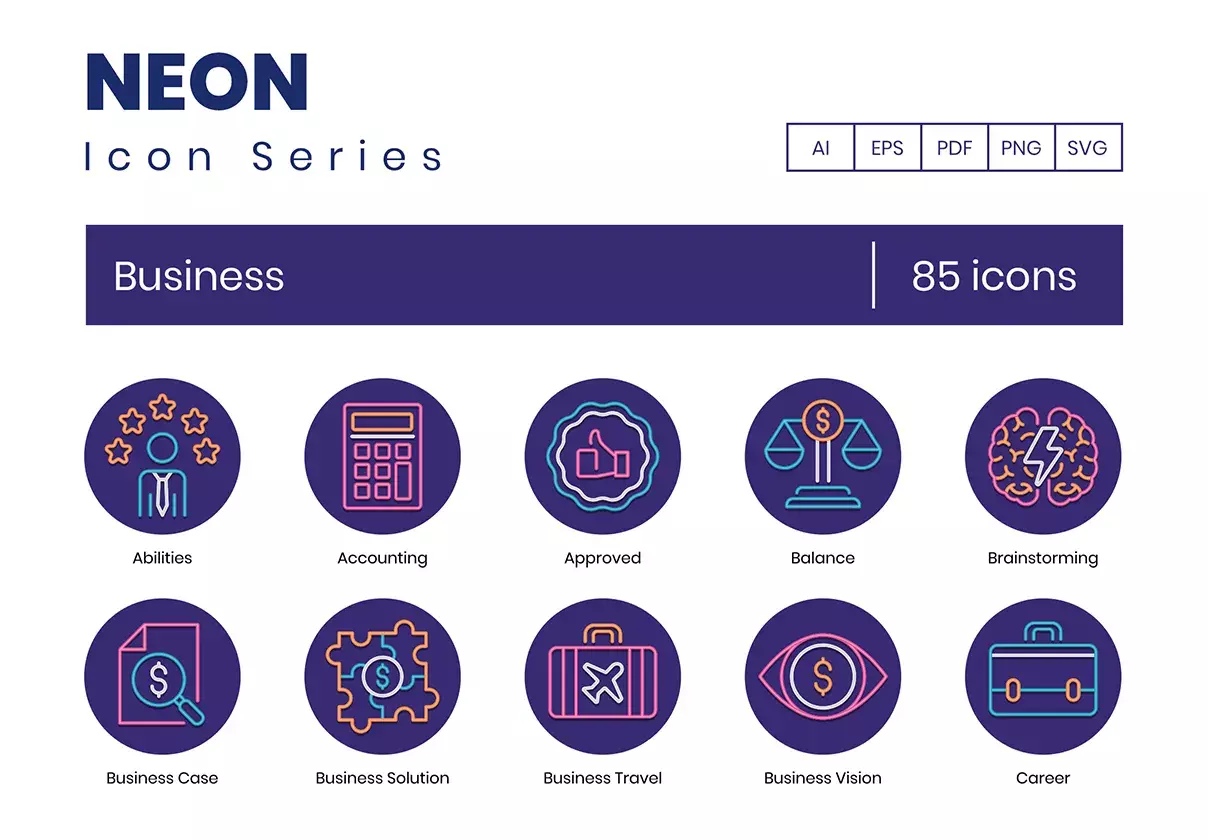 85 Business Icons | Neon Series