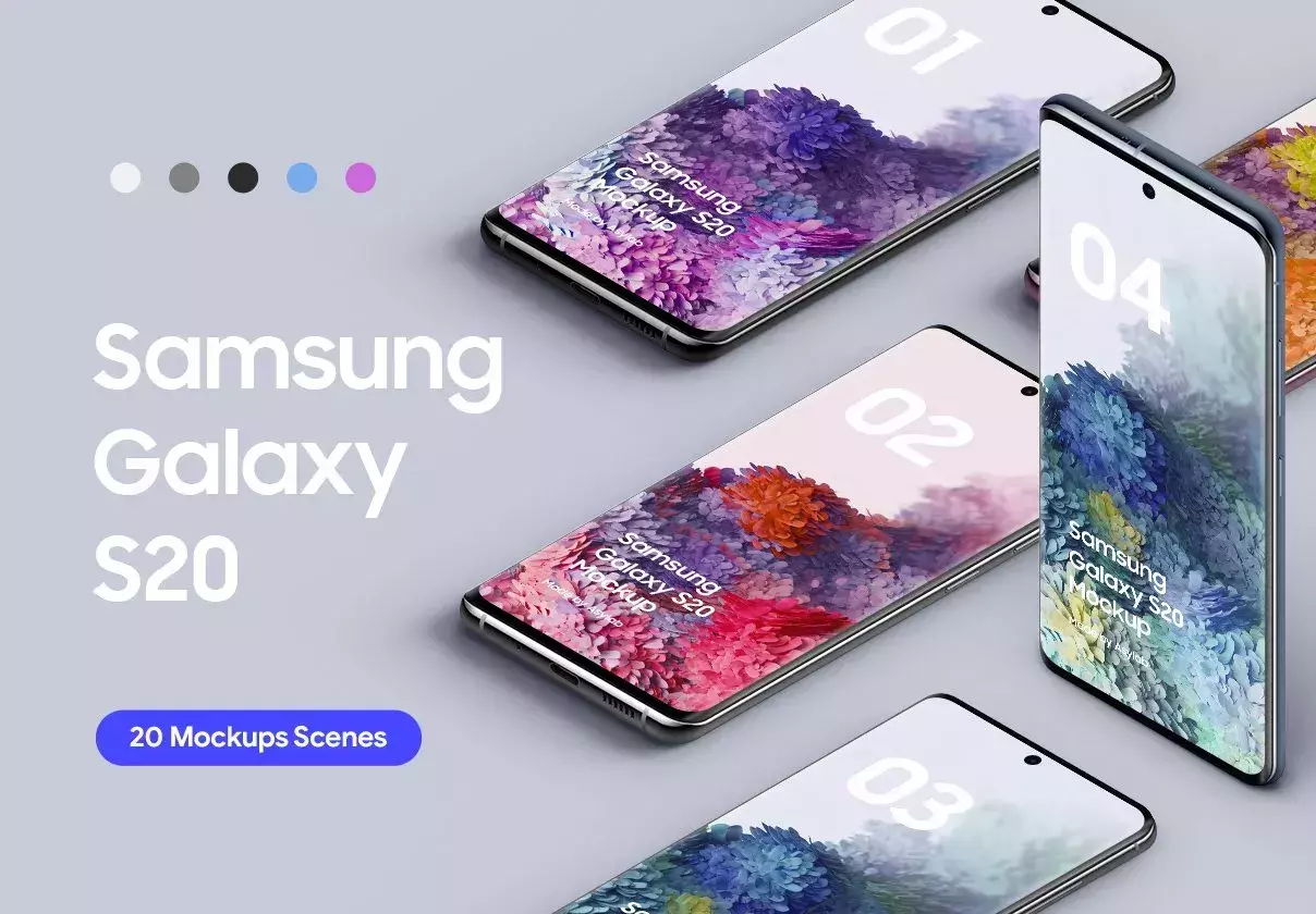 Complete Collection of 20 Samsung Galaxy S20 Mockups for Photoshop.