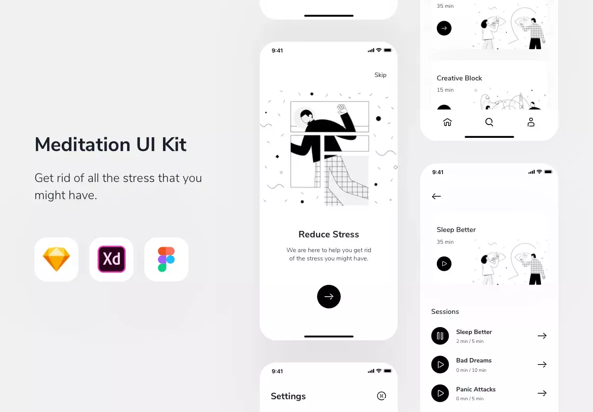 Relax.io is a minimalistic meditation mobile application UI kit