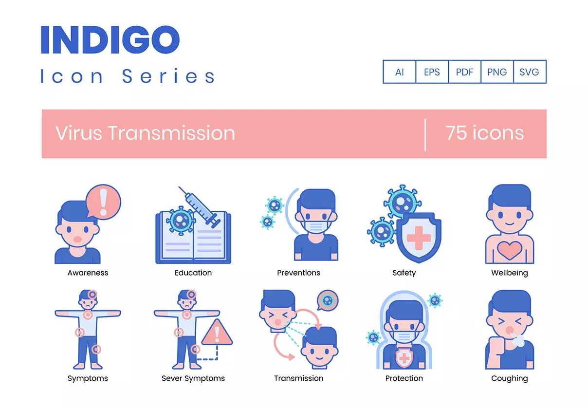 75 Virus Transmission Icons | Indigo Series