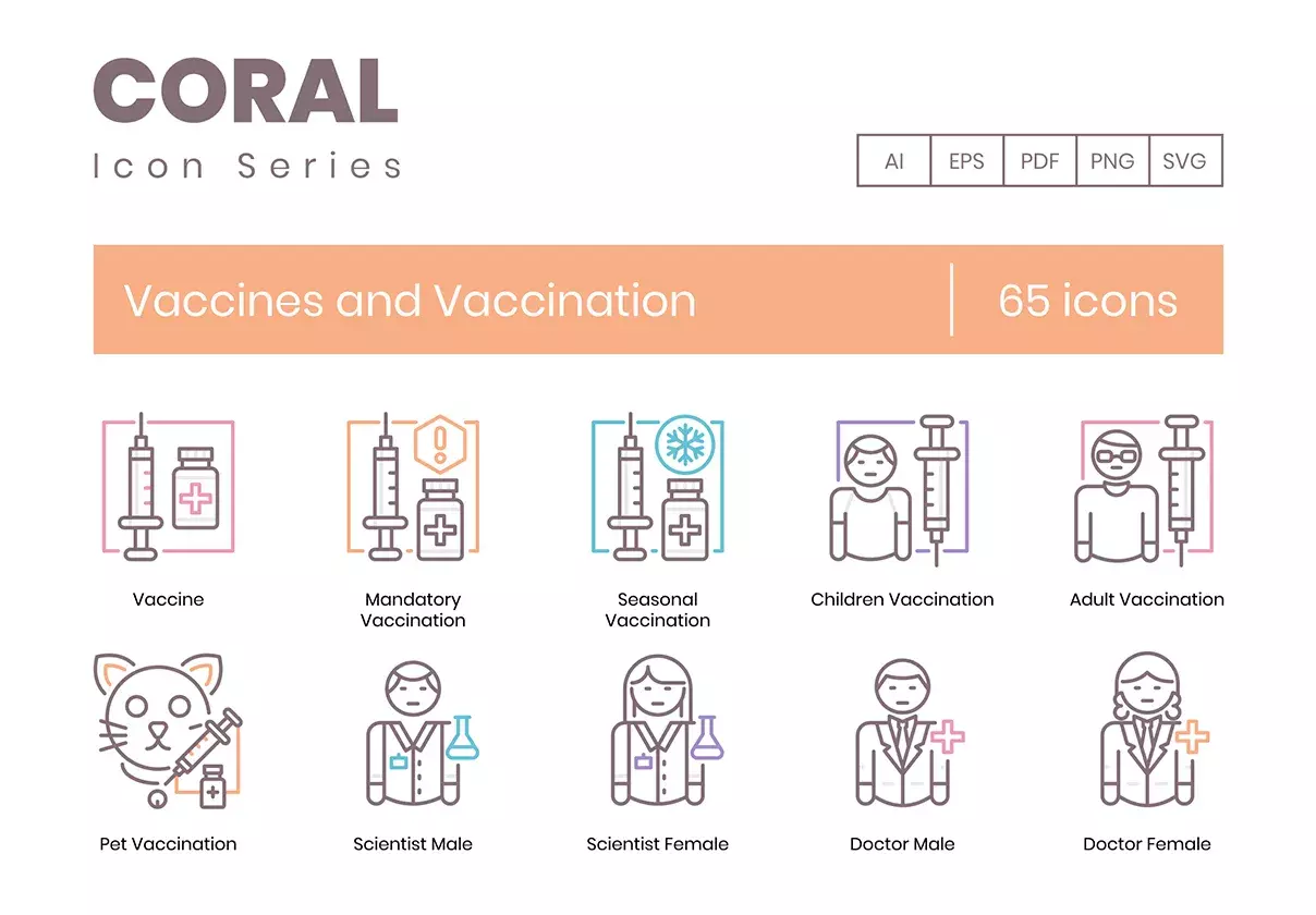 65 Vaccines and Vaccination Icons | Coral Series