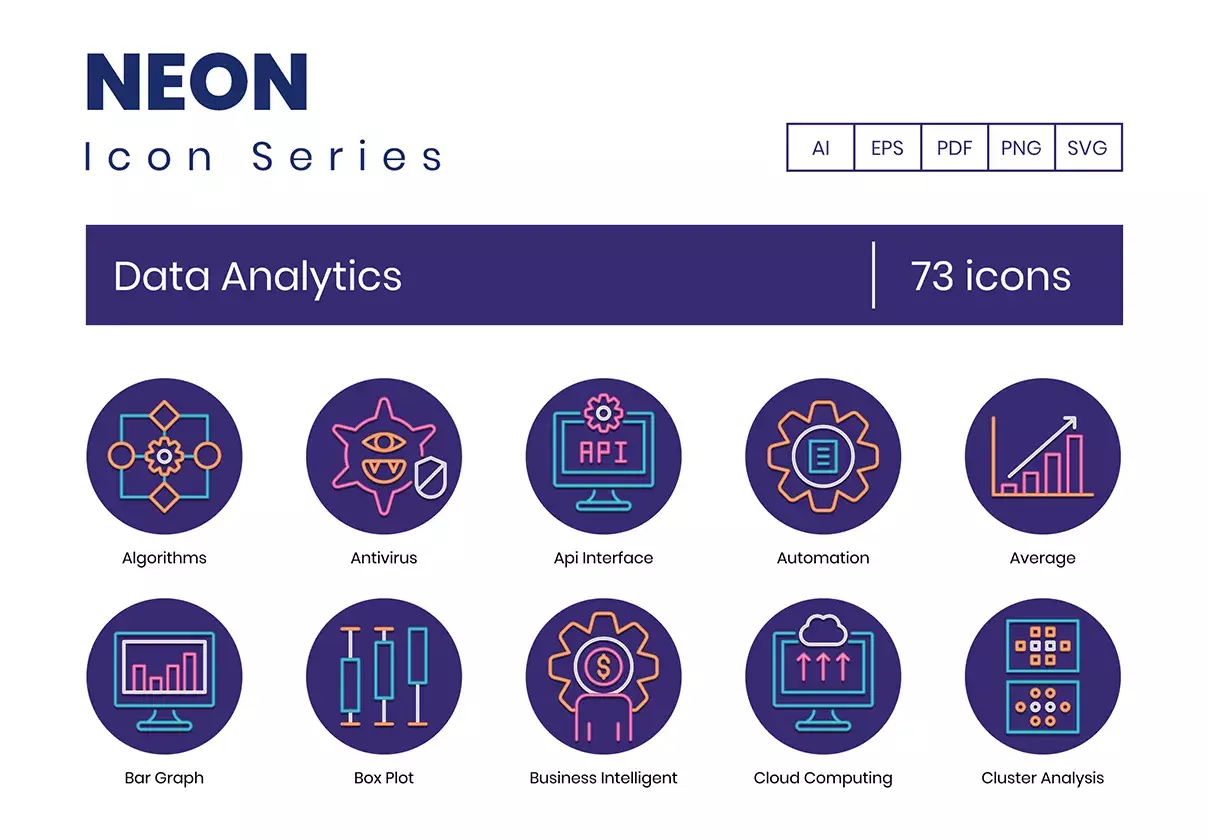 73 Data Analytics Icons | Neon Series