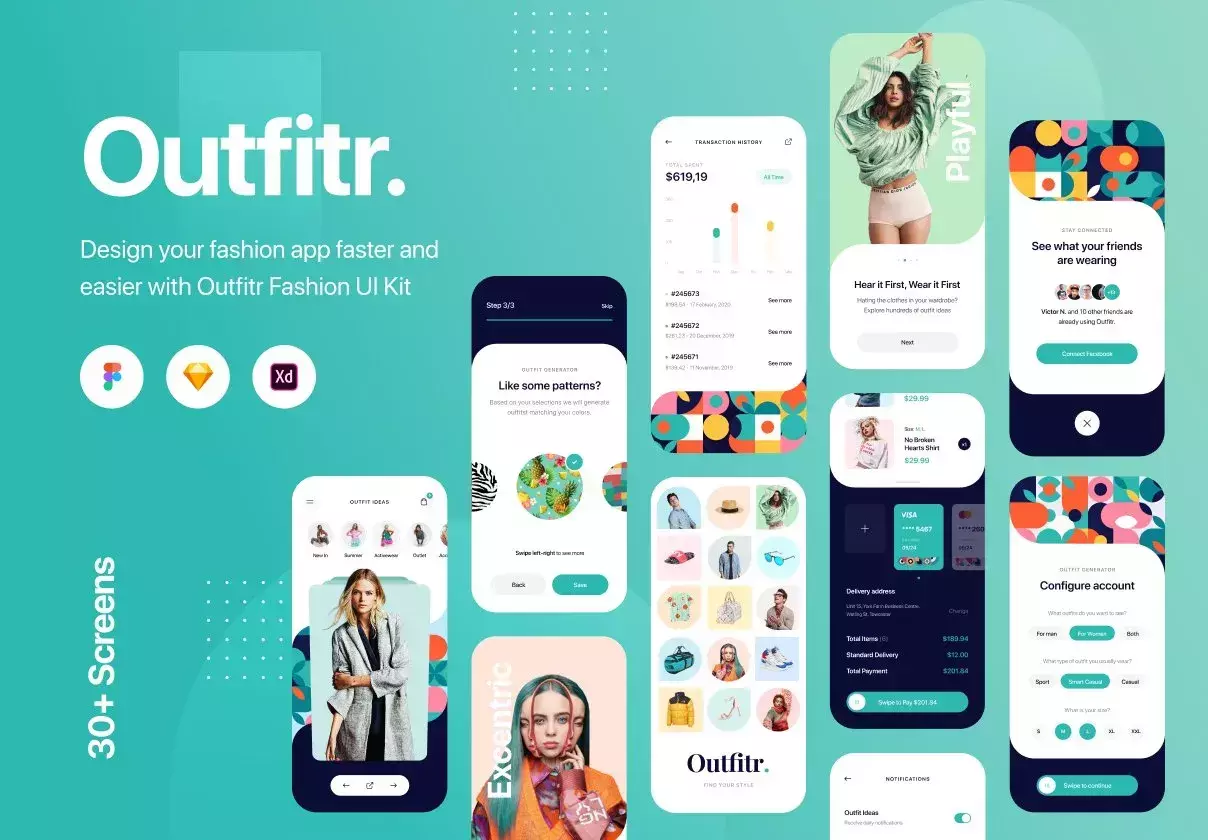 30+ High Quality Fashion Screens - UI Kit for Figma, Sketch & Adobe XD
