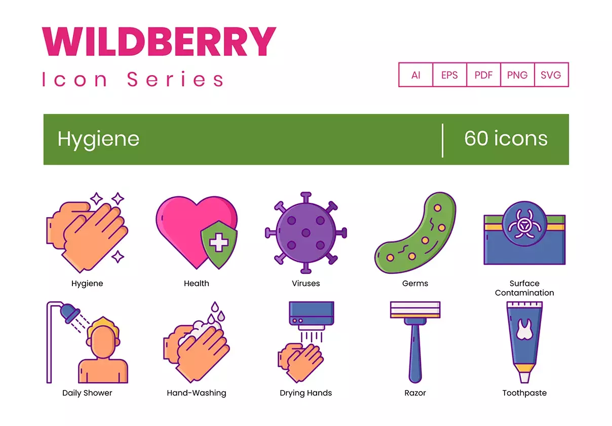 60 Hygiene Icons | Wildberry Series