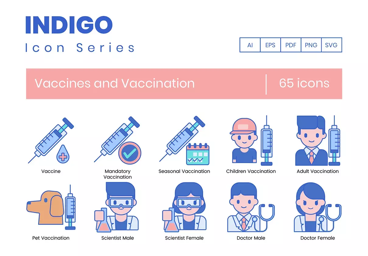 65 Vaccines and Vaccination Icons | Indigo Series