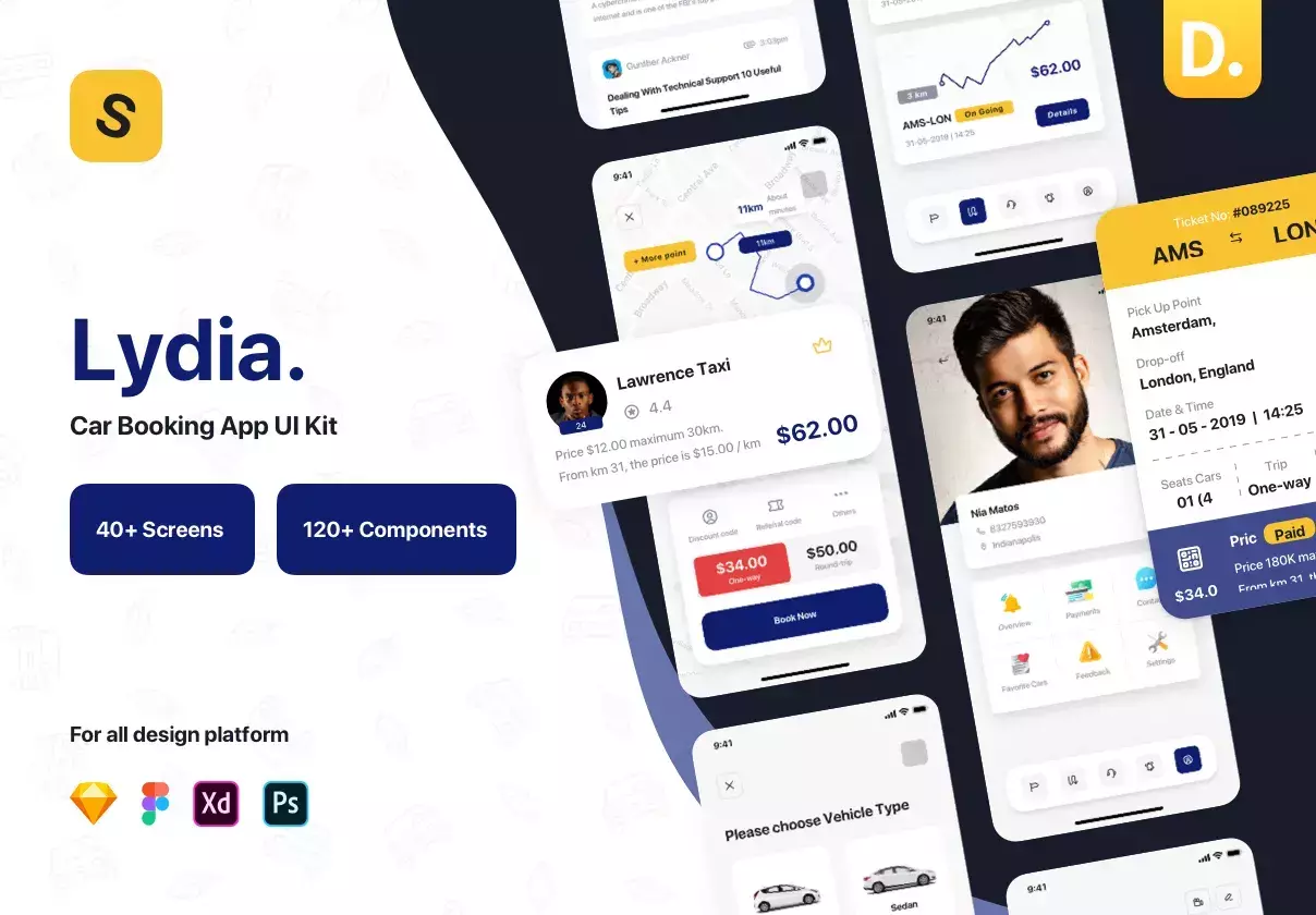 Lydia - Car Booking & Sharing Mobile App UI Kit