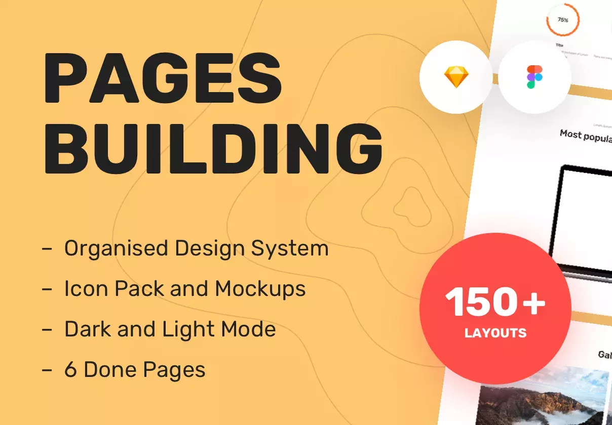 Design system. 150+ layouts and 6 page templates for Sketch and Figma.