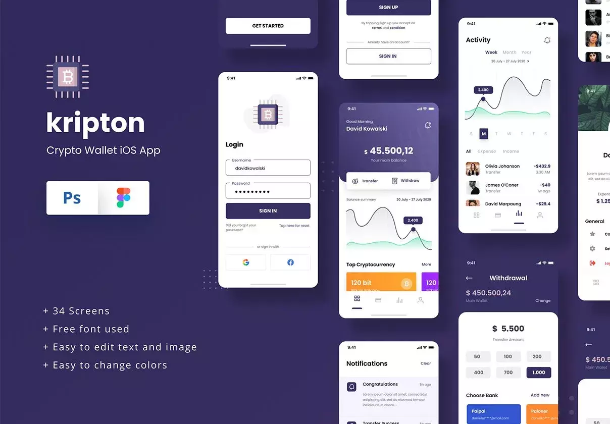Kripton - Crypto Wallet iOS App Design Figma & PSD Template