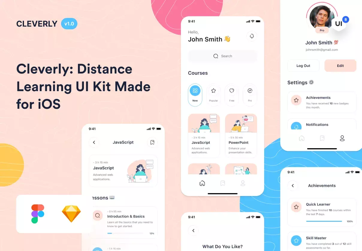 Cleverly is a distance learning UI kit designed for iOS devices