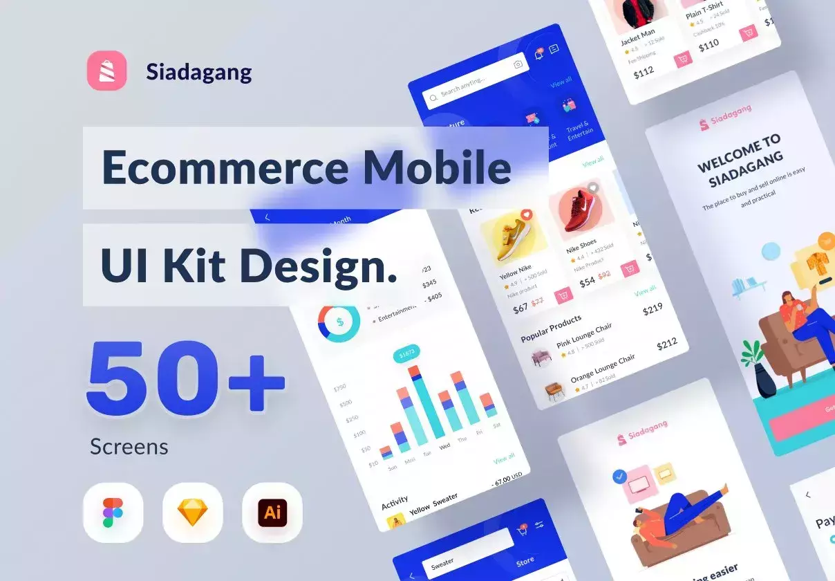 Mobile ecommerce design kit with free illustrations and icons pack