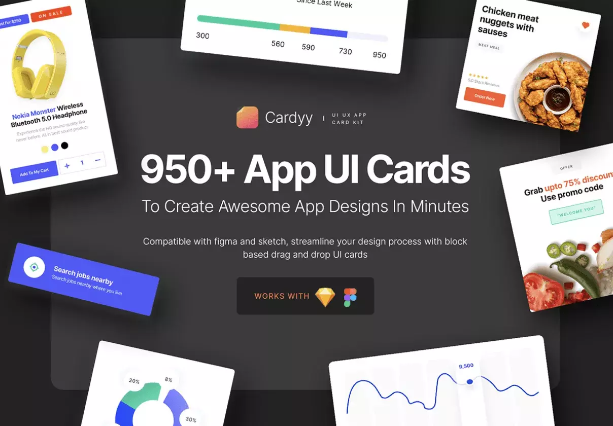 950+ App UI cards to streamline your app designs compatible with Sketch and Figma